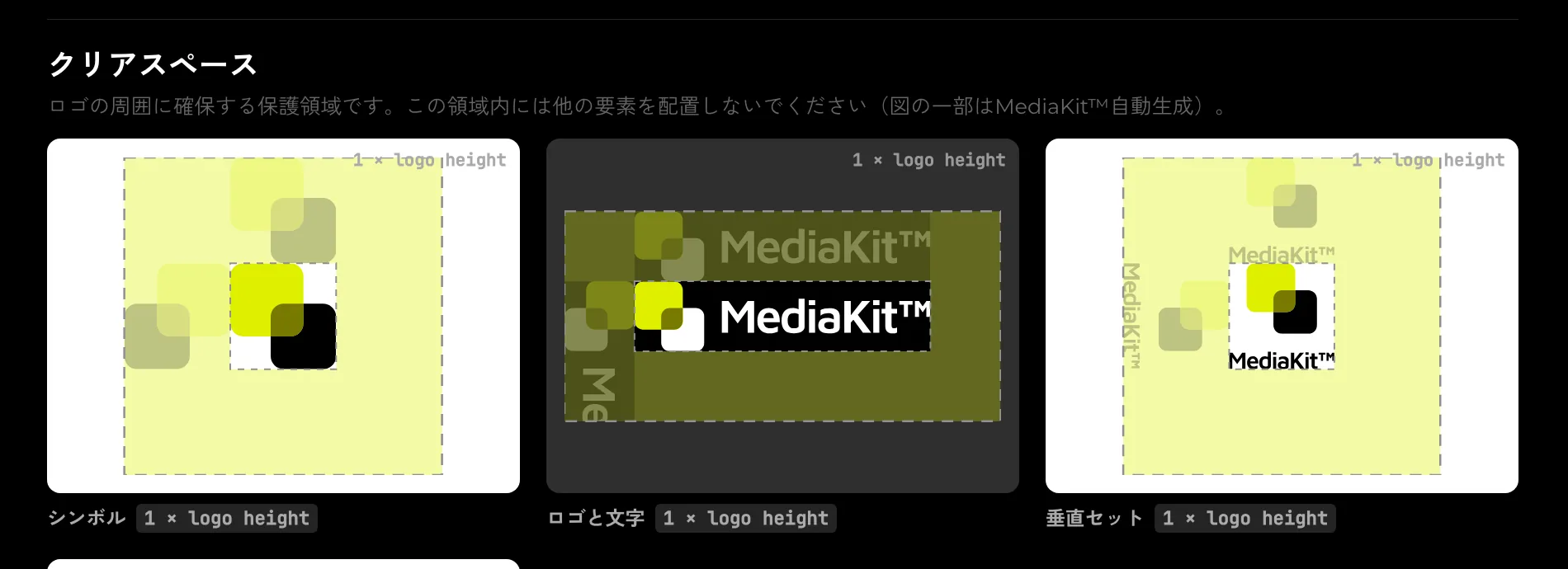 クリアスペース。スタイルごとに図を描画し、単位もロゴ自身の高さで示します。