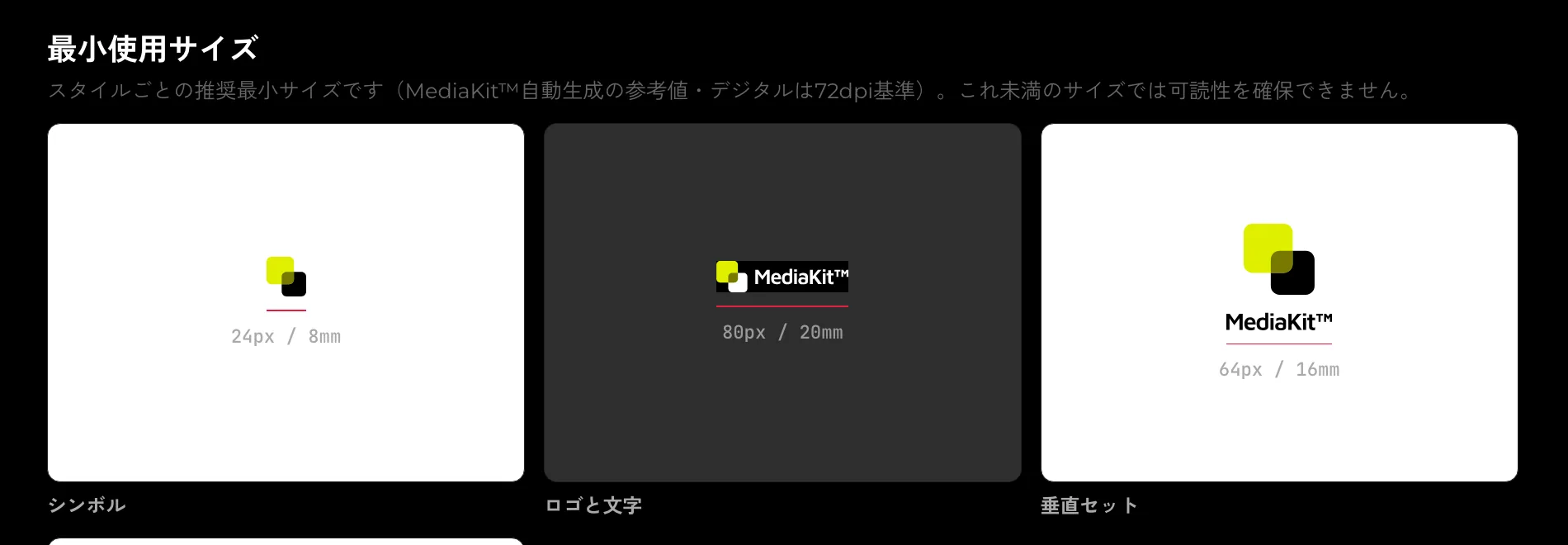 最小使用サイズ。デジタル(px)と印刷(mm)の推奨値を、スタイルごとに算出します。